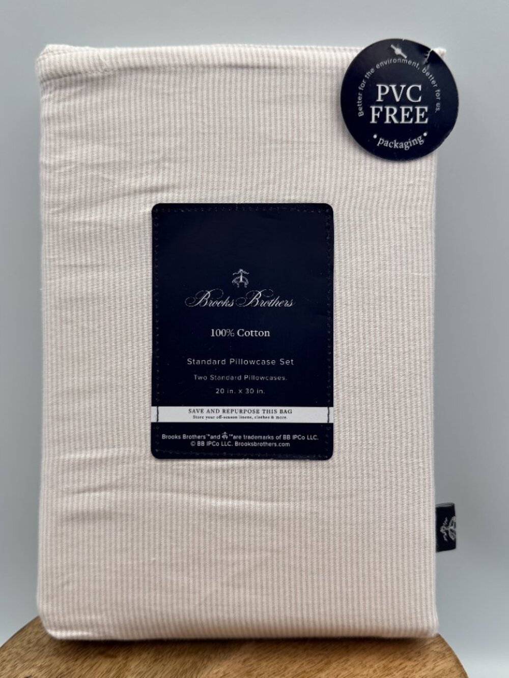 Brooks Brothers Cotton Pillowcases 20x30 Standard Beige Cream Stripe Set of 2